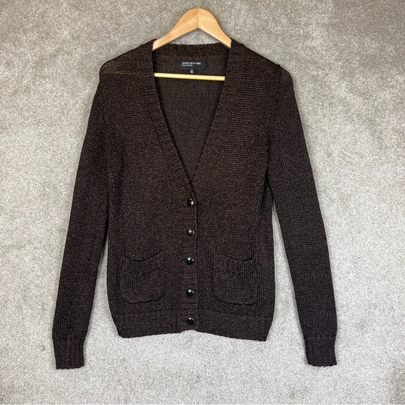 Jones New York Cardigan Womens Medium Brown Metallic Button Front Pockets- 9763* - Picture 1 of 11